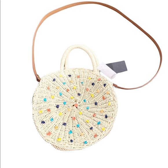 Loft Fashion Handbags - LOFT Outlet Rattan Wicker Circle Purse Colorful Pom Poms Shoulder Bag NWT OS